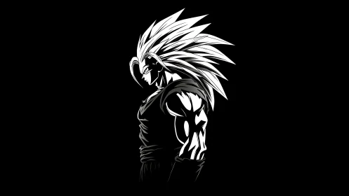 Monochrome anime warrior in dramatic profile silhouette.