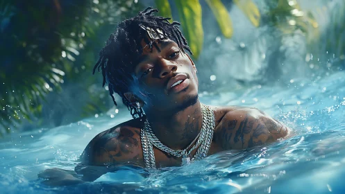 Jewelry-draped man in tropical pool with vibrant lighting.
