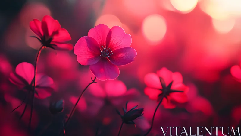 Magenta Cosmos Flowers Bloom in Soft Focus Light