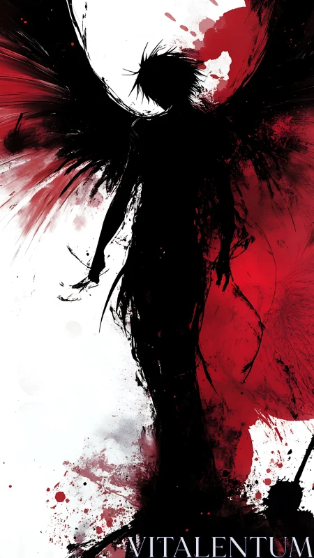 Silhouetted winged figure stands against red and white background