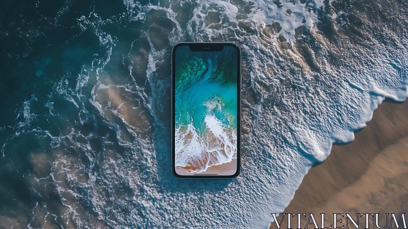 Ocean waves gently meet a smartphone in a dreamy shoreline scene