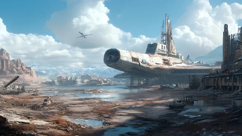 Sunlit starship scrapyard resting under wide open skies.