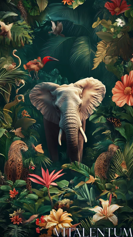 Elephant and predators framed by lush tropical florals.
