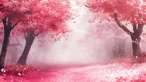 Soft pink blossom path gently welcomes a quiet morning walk