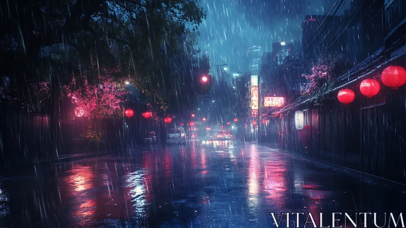 Lantern lit city street glowing softly in midnight rain.