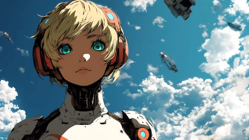 Hopeful young android gazing up into a bright open sky.