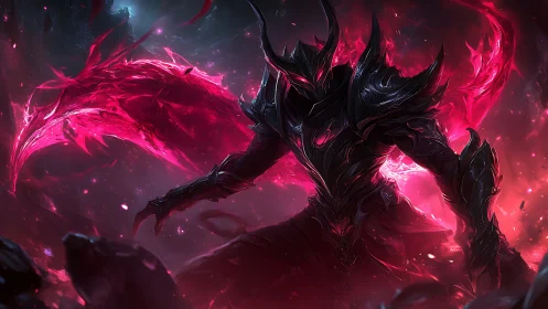 Dark armored demon rises in a storm of burning crimson energy