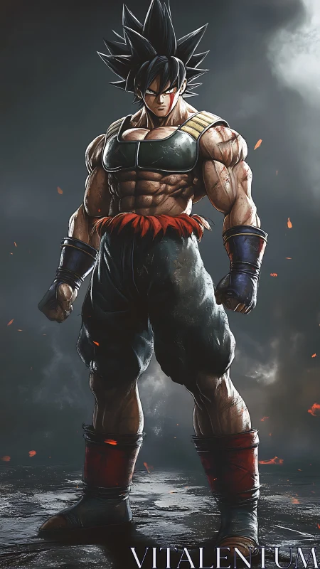 Muscular anime warrior stands in smoky environment