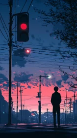 Silhouetted person waits at red traffic light at dusk