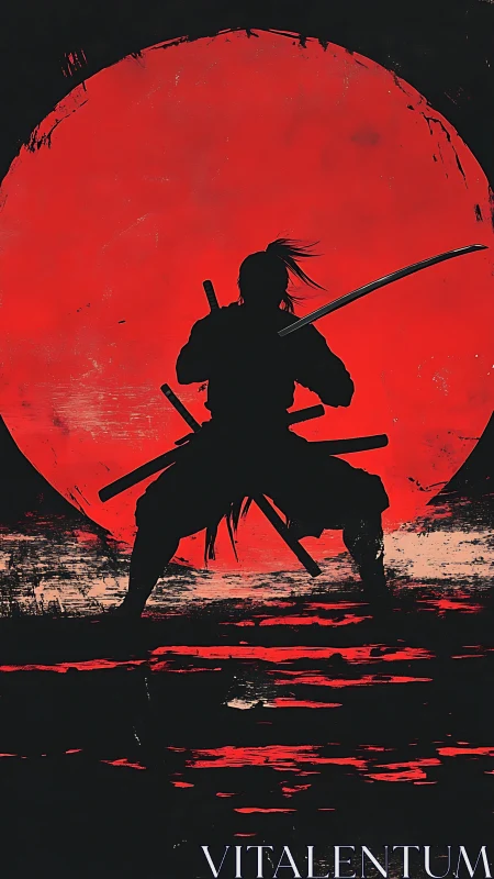 Samurai silhouette before blood-red sun, graphic ink style.