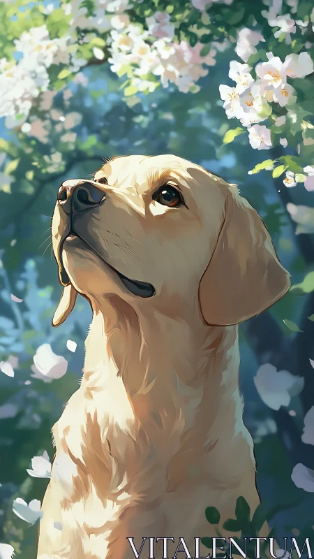 Golden retriever portrait under dappled spring blossom light