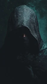 Mysterious hooded figure stands quiet in the rainy darkness