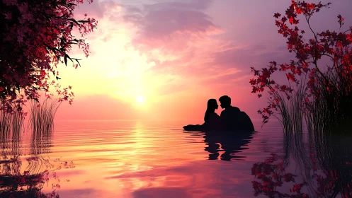 Silhouetted Couple Embracing in Water at Sunset