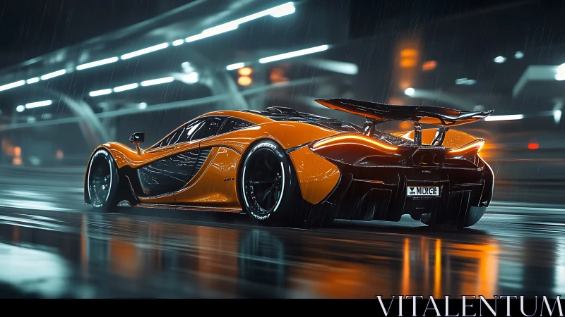 Aerodynamic hypercar in neon‑lit rain with motion dynamics.