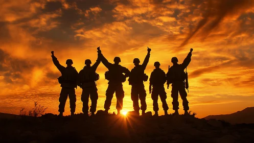Silhouetted soldiers celebrate unity against blazing sunset sky.