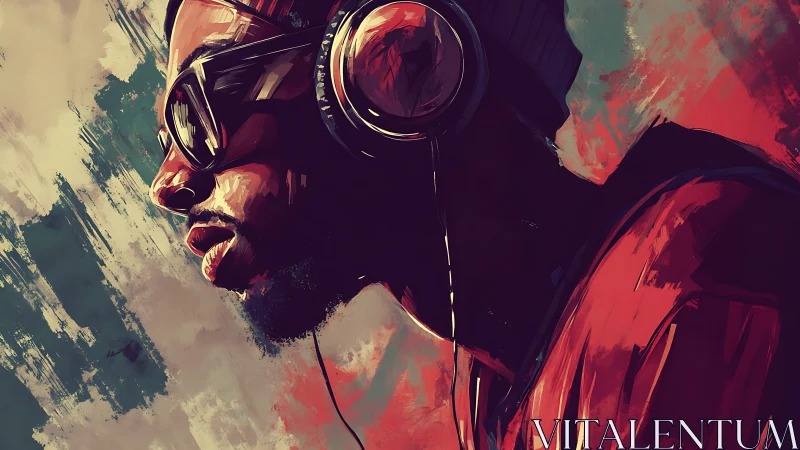 Profile portrait shows focused listener wearing bold headphones