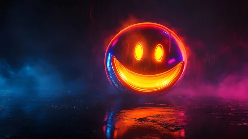 Neon storm smiley orb glowing through cyberpunk rainstorm.