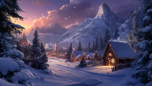Snowy mountain village with lit cabins at winter dusk.