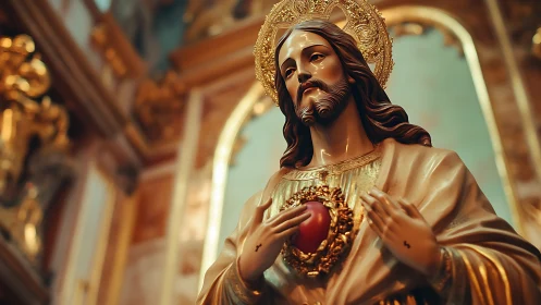 Sacred Heart statue glows under warm cathedral light.