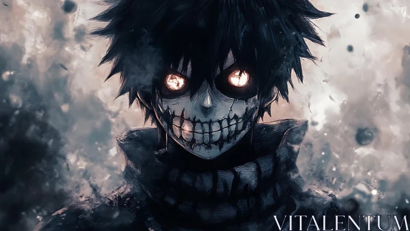 Haunting anime skull-faced figure glares through swirling smoke