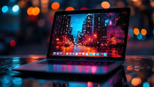 City lights glow across a laptop screen on a rainy night