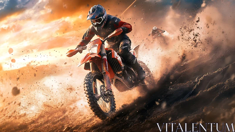 Dynamic off-road motocross rider carving explosive dirt arcs.