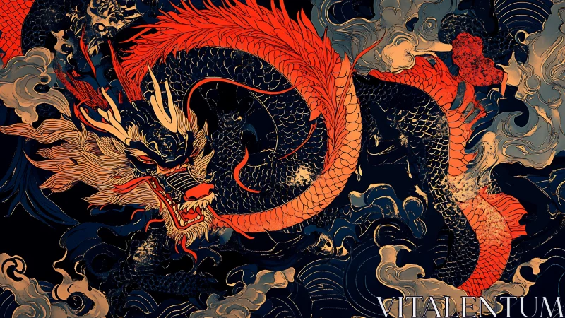 Inferno-scaled sea dragon coils through storm-torn night sky.