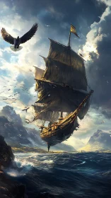 Digital seascape concept of storm-tossed galleon in flight.