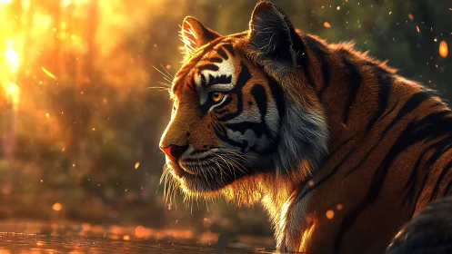 Tiger profile in warm sunset light near reflective water.