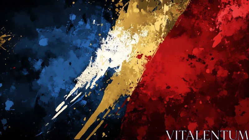 Diagonal tricolor paint splashes collide in bold motion.