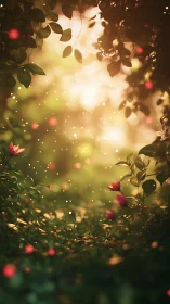 Softly glowing forest path sprinkled with tiny lights.