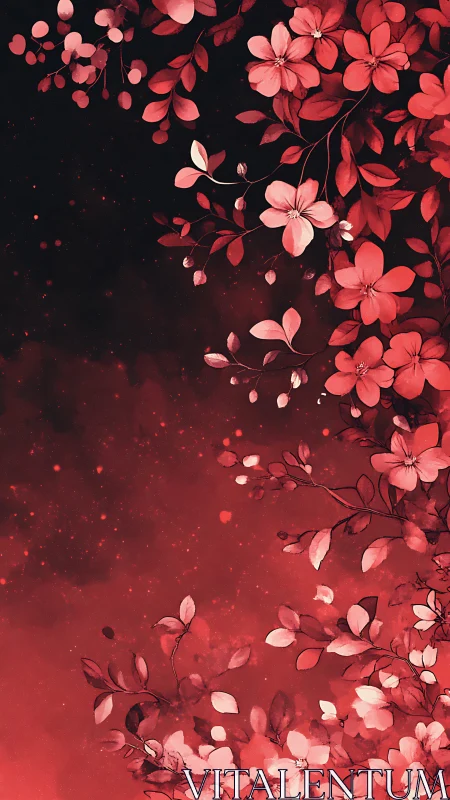 Crimson blossoms cascade across dark gradient night sky.