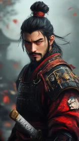 Storm-eyed samurai in crimson armor before drifting leaves.