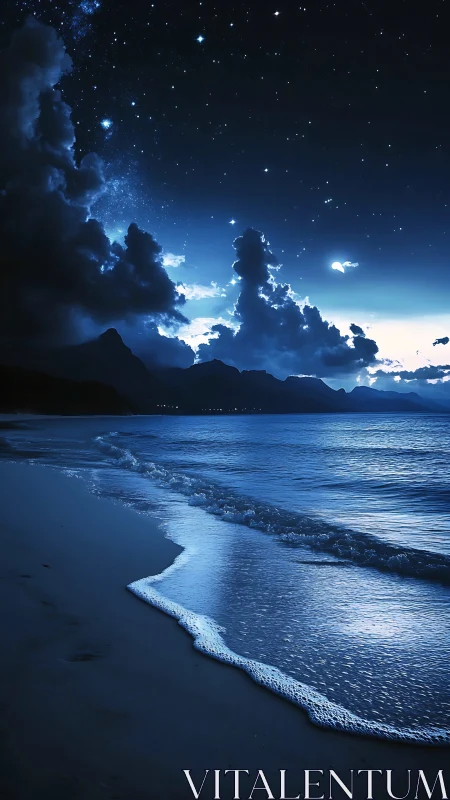 Digital painting seascape under star-dense nocturnal sky.