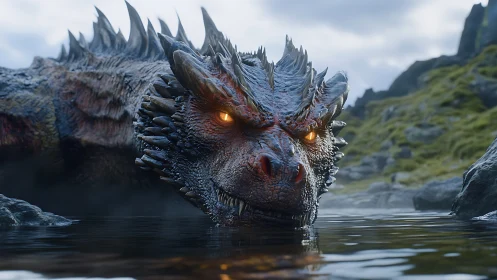 Hyperrealistic riverbank dragon close-up with glowing eyes