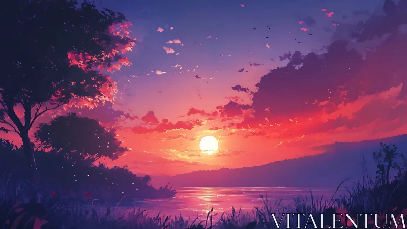 Sunset fills stylized lakeside landscape with vivid gradients