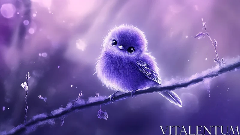 Starlit puffball bird balances on a frosted violet branch