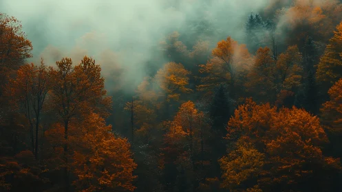 Misty Autumn Forest Enveloped in Fog and Golden Light