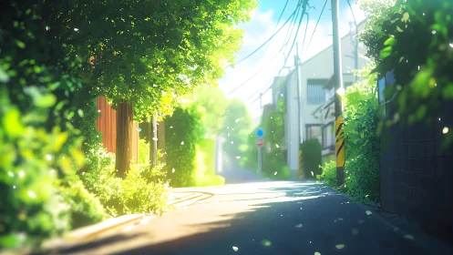 Sunlit suburban lane framed by lush summer foliage.