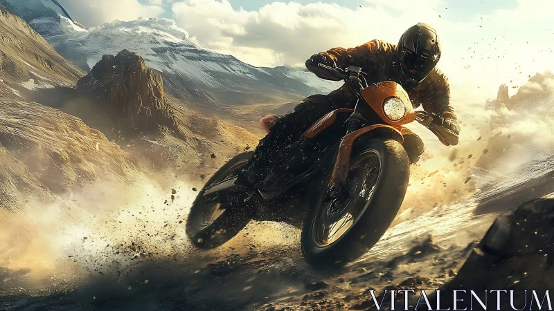 Off-road motorcycle on rocky mountain trail at high speed.