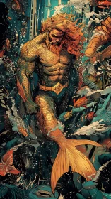 Muscular merman warrior with golden scaled tail in turbulent seascape