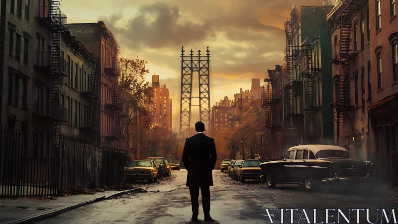 Cinematic urban streetscape with lone figure and bridge silhouette.