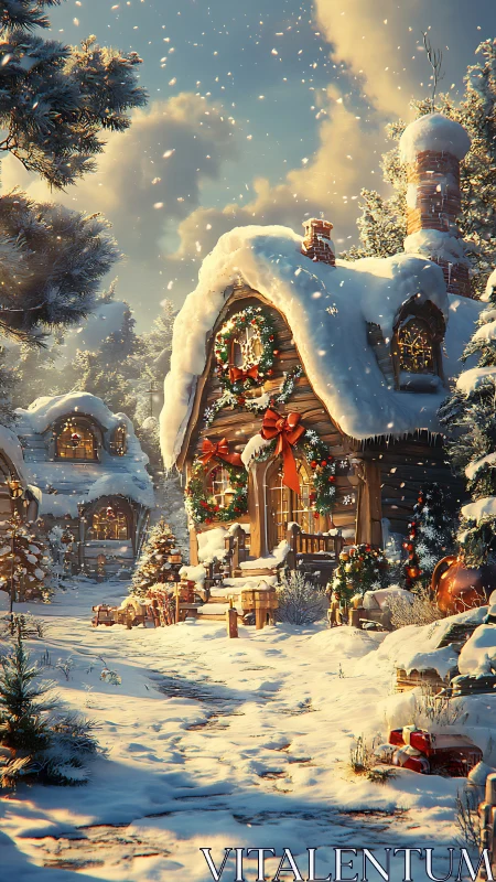 Snow-draped cottage village glowing with warm yuletide wonder.