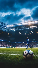 Soccer ball in sharp foreground as player runs in stadium