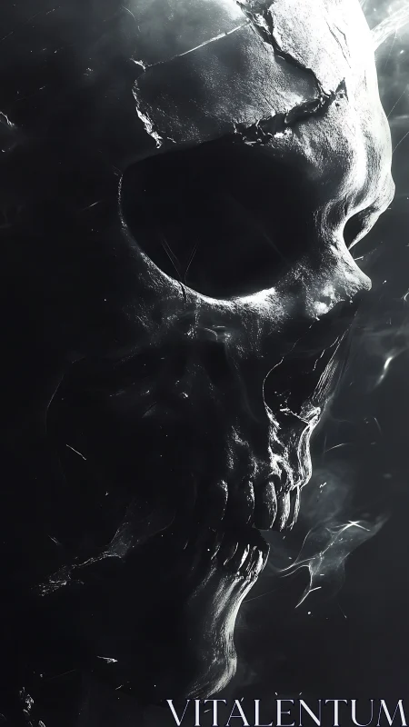 Fractured metallic skull rendered with high-contrast subsurface scattering