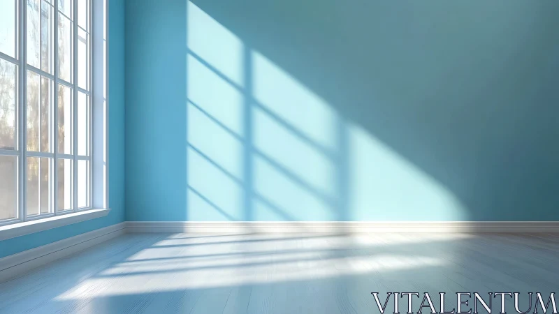 Empty blue room with large window and strong daylight shadows.