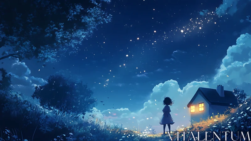Child observing night sky near small illuminated house.