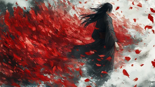 Samurai silhouette in turbulent red particle vortex field.