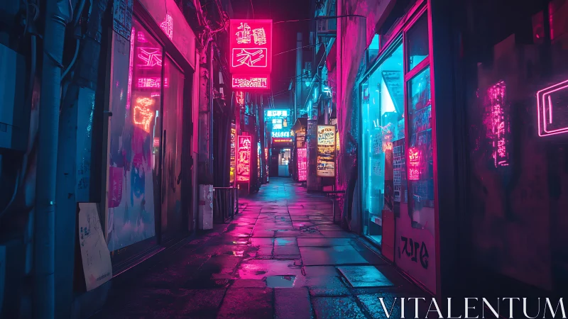 Neon soaked alleyway glows softly in a quiet city night