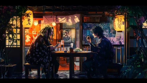Two figures dine at an outdoor table before a lit storefront